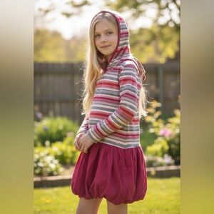 NWT Tea Collection girls striped Hooded Dress with Pink Skirt, size 10.